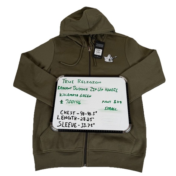 True Religion Radiant Buddha Zip Up Hoodie Men's Small Kalamata Green New $119 - Picture 2 of 9